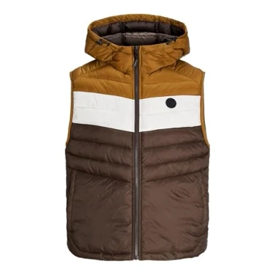 Image of JACK &amp; JONES Men&#039;s Jjesprint Bodywarmer Hood Vest, Mulch/Detail:Monks Robe/Moonbeam Blocking, S