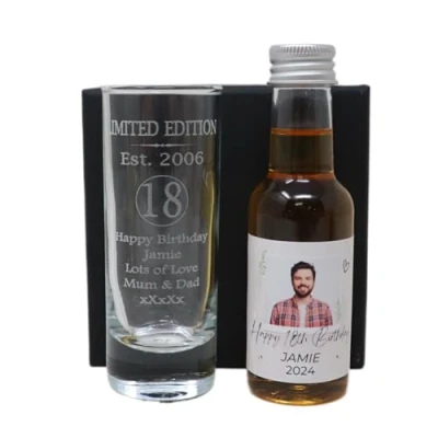 Image of Laser Engraved Est 2006 18th Birthday Shot Glass Set with Personalised Photo Miniature Alcohol Bottle Gift for Son or Daughter Girls &amp; Boys (Spiced Rum/No Box) 35% vol