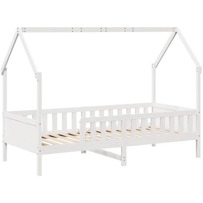 Image of vidaXL Kids&#039; House Bed Frame White 80x200 Solid Pine Wood Low Bedstead with Safety Rails