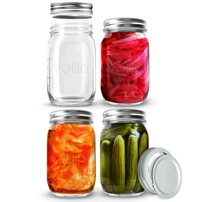 Image of Mason Jars with Lids 4 Pack 490ml Leakproof Glass for Airtight Seal Round Jar Silver 2 Part Lid Salad, Food Storage, Overnight Oats, Pickling, and Canning