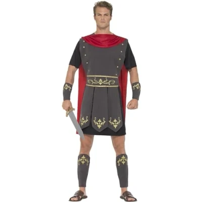 Image of Smiffys Roman Gladiator Costume, Black with Tunic, Attached Cape, Arm Cuffs &amp; Leg Cuffs, Legends Myths Fancy Dress, Adult Dress Up Costumes