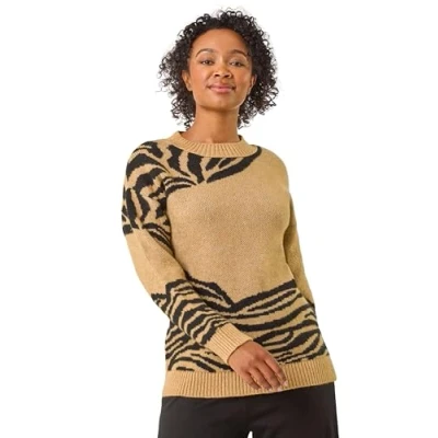 Image of Roman Originals Jumper for Women UK Ladies Winter Autumn Casual Pull On Round Crew Neck Long Sleeve Comfy Work Dinner Party Everyday Colourful Longline Stylish Petite Stone Size 16