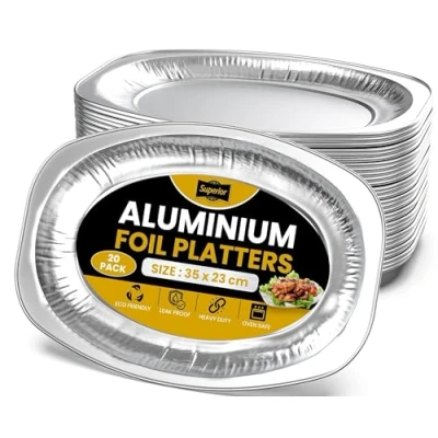 Image of Superior Aluminium Foil Party Platters 20 Pack Large Serving Catering Platter, Oven and Freezer Safe Appetizer Tray, Reusable Platter for Parties, Buffets,BBQs,Recyclable Trays 35x23cm