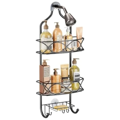 Image of Azonelife 3 Tier Hanging Shower Caddy with Hooks, Stainless Steel Bathroom Shelves No Drilling Rustproof Shelf Organizer Soap Dish for Shampoo Bath Sponge Towels