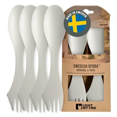 Image of Light my Fire Spork Original 3 in 1 Camping Cutlery Knife Fork Spoon Set Survival Gifts for Scouts Accessories Sporks Reusable Travel 4 Pack Cream