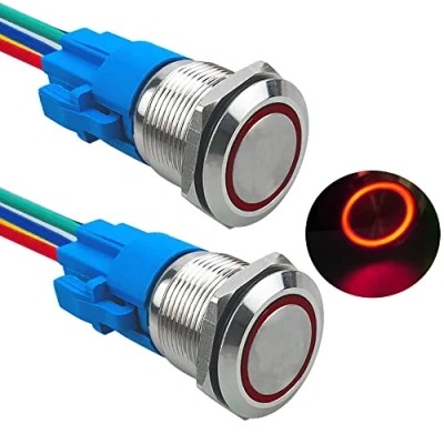 Image of Aiqeer 2 Pcs 19 mm Momentary Push Button Switch, 12V / 24V 5A Car Ignition Starter IP67 Waterproof Stainless Steel with Pre Wired Socket (Red LED)