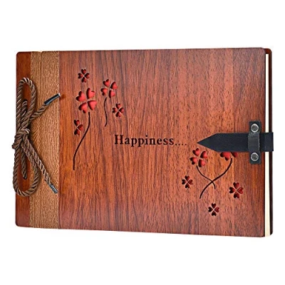 Image of ZEEYUAN Photo Album Scrapbook, 11.4 x7.4 Inches Wooden DIY Book with 80 Pages Present for Valentines Mothers Anniversary Day Birthday