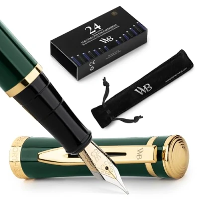 Image of Wordsworth and Black Fountain Pen [Racing Green] Luxury Medium Nib Set Includes 24 Ink Cartridges [Black &amp; Blue], Refillable Converter Pens for Writing or Calligraphy