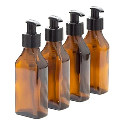Image of Aura 100ml Rectangular AMBER Glass Bottle with BLACK Pump PACK of 4