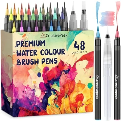 Image of Creativepeak Watercolour Brush Pens, 48 Vibrant Soft Tip Colouring Markers w/ 2 Blending Brushes, Pen Set for Calligraphy, Lettering, &amp; Journaling, Premium Art Supplies