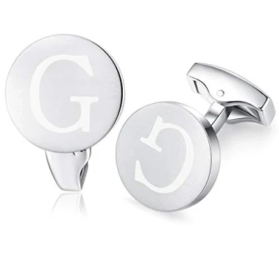 Image of HONEY BEAR Initial Alphabet Letter Cufflinks for Men, Brushed Silver Round Shape Stainless Steel Wedding Business Cufflinks, A Z (G)