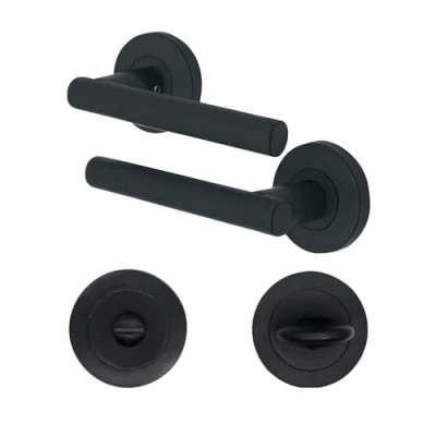 Image of EAI Round Internal Bathroom Door Handle &amp; Thumb Turn Set Matt Black Universal Handles for Indoor Loo Toilet Lever on Rose Lockable Interior
