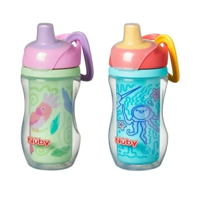 Image of Nuby Insulated Sipper Cup Toddler Beaker with Removeable Valve Spill Proof 270ml / 9oz Suitable from 12 Months Pack of 2 (Birds)