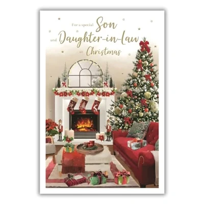 Image of ICG Son and Daughter In Law Christmas Card, Single Cards with a Decorated Tree Fireplace Festive Design Special Finishes Xmas Envelope