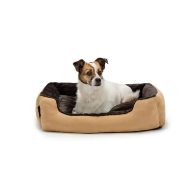 Image of dog bed pillow basket with reversible cushion colour brown/beige size M