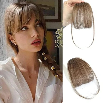 Image of Clip in Bangs 100% Human Hair Wispy Extensions, (Medium Brown Air Fringe with Temples Hairpieces for Women Curved Daily Wear Brown, Bangs)