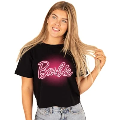 Image of Barbie Cropped T Shirt for Women Ladies Doll Neon Pink Logo Black Top Clothes Merchandise Large