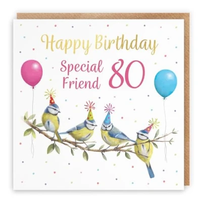 Image of Hunts England 80th Friend Blue Tits Female Birthday Card Luxury Gold Foil Milo&#039;s Gallery Age 80 Wildlife Funny For Year Old Animal Fan Eighty Her