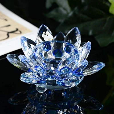 Image of ShreeFit Tealight Candle Holders Crystal Lotus Flower Ornament Glass Tea Light Holder Collectible Feng Shui Decor Decoration for Christmas Home Wedding Party (Blue)