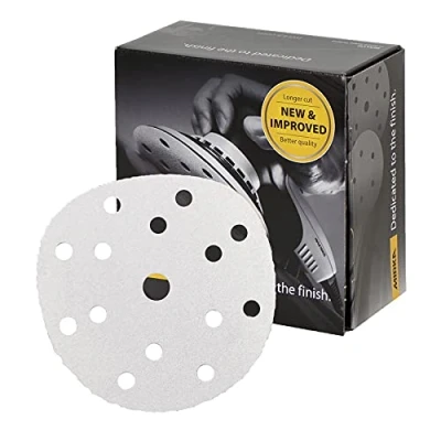 Image of Mirka Basecut White Hook and Loop It 150mm 6 Inch Sanding Discs Box 100 Abrasive P120 Grit Automotive Refinishing Sandpaper 15 Hole Vacuum Dust Extraction System