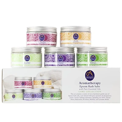 Image of Absolute Aromas Epsom Bath Salts Bundle Gift Set 5 x 300g of De Stress, Detox, Lavender, Mobility and Relaxation Magnesium Sulphate Infused with 100% Pure Essential Oils
