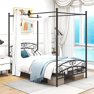 Image of ARFARLY Canopy Bed Frame Double Metal Slatted Bedroom Furniture Black 120 x 200 cm
