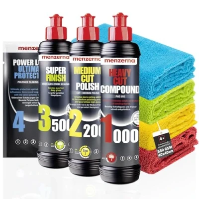 Image of Menzerna Car Polish Set: Heavy Cut Compound 1000 + Medium 2200 Super Finish 3500 Ceramic Spray Sealant Protection 100ml 4x Microfibre Cloths 40 x cm