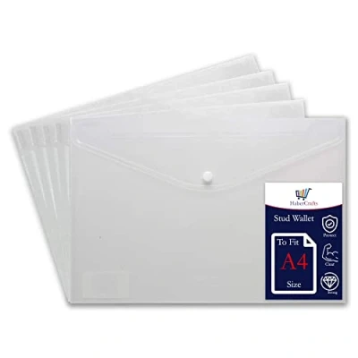 Image of A4 Plastic Wallets Clear Popper Wallet Envelope Folders Transparent School Document Folder Press Stud Carry File Pockets Office Files Button Closure (to Fit Size 5 Files)