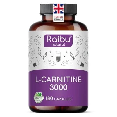 Image of L Carnitine 3000 180 High Strength Capsules with Vitamin C Tartrate 3000mg per Daily Dose Energy &amp; Metabolism Support Vegan, Natural Laboratory Tested Raibu