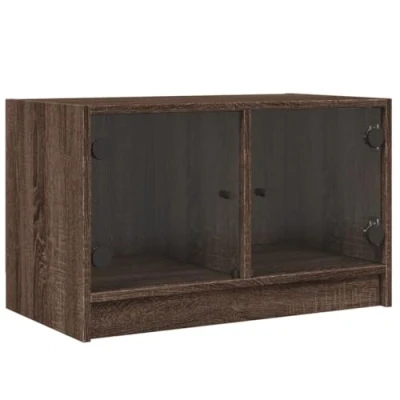 Image of vidaXL TV Cabinet Brown Oak with Glass Doors Engineered Wood Media Unit for Living Room, Stable &amp; Moisture Resistant, 68x37x42 cm, Max 80kg Load