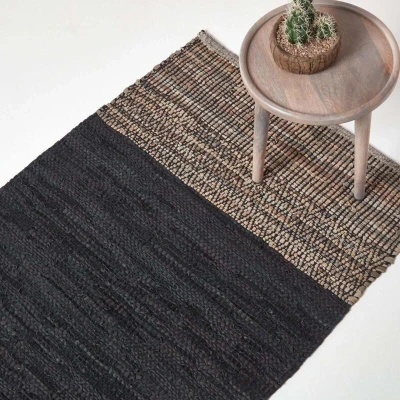 Image of Homescapes Black Recycled Leather Handwoven Herringbone Rug, 150 x 240 cm