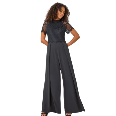 Image of Dusk Womens Lace Bodice Wide Leg Jumpsuit Black Size 10 UK