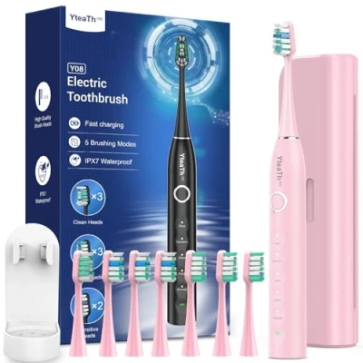 Image of Sonic Electric Toothbrush for Adults and Kids with 8 Heads 5 Modes, 120 Days Battery Life (Pink, 1 Count (Pack of 1))
