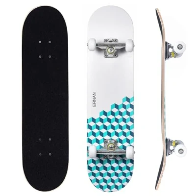 Image of ERNAN Complete Skateboard for Beginners,31 x 8 Inch Double Kick Kids Teenagers &amp; Adults. with Skate T Tool. (White B)