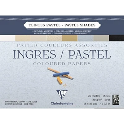 Image of Clairefontaine Ref 96486C Ingres Pastel Colour Glued Pad (25 Sheets) 18 x 24cm Size, Cotton Content, Acid Free, 130gsm Paper Assorted Colours