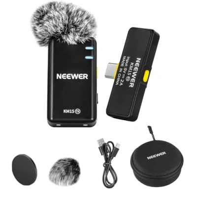Image of Neewer Wireless Microphone System for USB C, Noise Cancelling Lapel Lavalier Podcast Vlog Live Streaming, Clip on Mini Lav Mic Compatible with iPhone 15 Series Android Phone, KM15