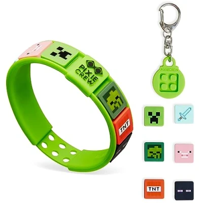 Image of Minecraft Bracelet Kids Keyrings and Silicone Wristband Set Creeper Key Chain of 4, Collectables Gaming Gifts (Green Keyring Set)