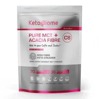 Image of KetoBiome Pure C8 MCT Oil Powder with Acacia Fibre High Fibre, Zero Carb, Keto Creamer for Coffee &amp; Shakes, 500g Supports Ketosis, Paleo Low Carb Diets