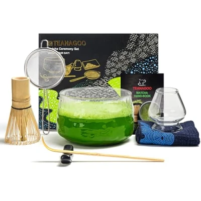 Image of TEANAGOO Japanese Matcha Whisk (7pcs) Set Mtacha Kit Bowl Bamboo (Chasen) Scoop (chashaku) Holder.N29,Clear Glass…