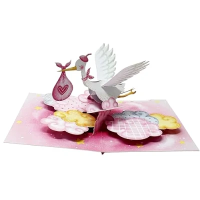 Image of New Baby Pink Crane 3D Pop Up card, Birthday Handmade Greeting Gift For Boy Girl, Congratulation Best Wishes, Bird Card