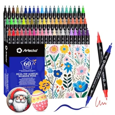 Image of Artecho Acrylic Paint Pens 60 Colors, Dual Tip Markers with Brush and Fine for Rock Painting, Glass, Paper, Wood, Egg, Canvas, Ceramic, Fabric, leather, DIY Crafts