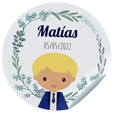Image of ETIKIDS Communion sticker labels personalised name and date stickers for guests gifts size 45mm/60mm/70mm diameter not suitable clothes (NIÑO RUBIO)