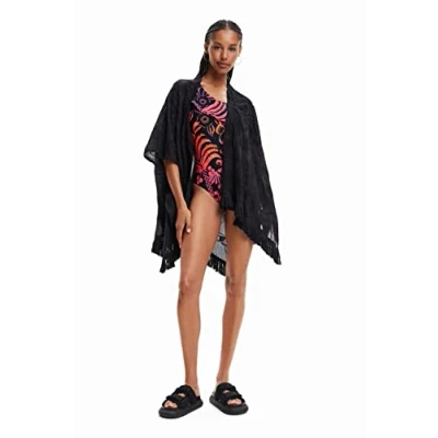 Image of Desigual Flower Clara Open Embroidered Kaftan 23SAWA37 White Black