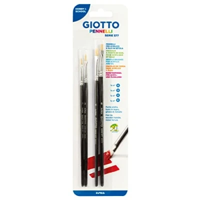 Image of GIOTTO Pennelli Brushes Serie 577, Acrylic &amp; Oil Painting, Varnishing, N.0, 2, 4, 6, 4 Assorted Bristle Brushes, Ideal for Children and Schools