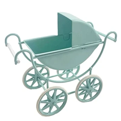 Image of Melody Jane Dolls House Light Blue Baby Pram Metal Old Fashioned Nursery Furniture1:12 Scale