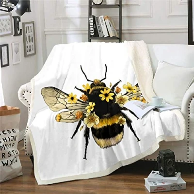 Image of Cute Bee Blanket for Kids Boys Girls Social Insects Print Blankets and Throws Blossom Flowers Fleece 3D Printed Sherpa Blanket,Plush Baby 30&quot;x40&quot;