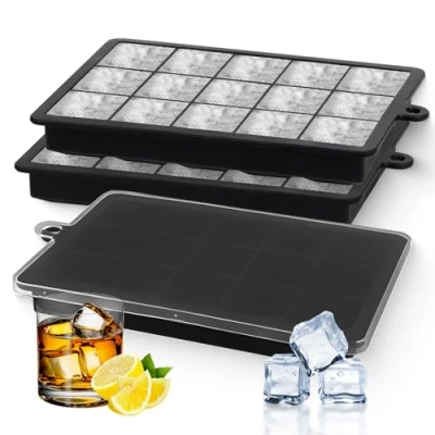 Image of Ushine Silicone Ice Cube Trays with Lids,3PCS Black Moulds 15 Square Grade Grids,Easy to Release,Ice Tray is Suitable for Chilled Water and Drinks,Baby Food,Whisky Cocktails