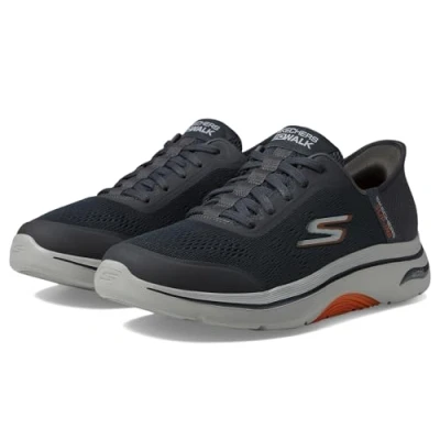Image of Skechers Men&#039;s Wide, Hands Free Slip ins GO Walk Arch FIT 2.0 Simplicity 2 Sneaker, Charcoal and Orange Textile/Synthetic, 6 UK