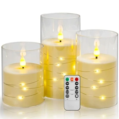 Image of Da by LED Candle Ivory with Remote Timer Battery String Light, Plexiglass Column 10cm, 12.5cm, 15cm Realistic