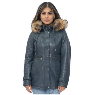Image of Women&#039;s Navy Blue Warm Leather Jacket Detachable Hooded Parker Trench Coat 2XL